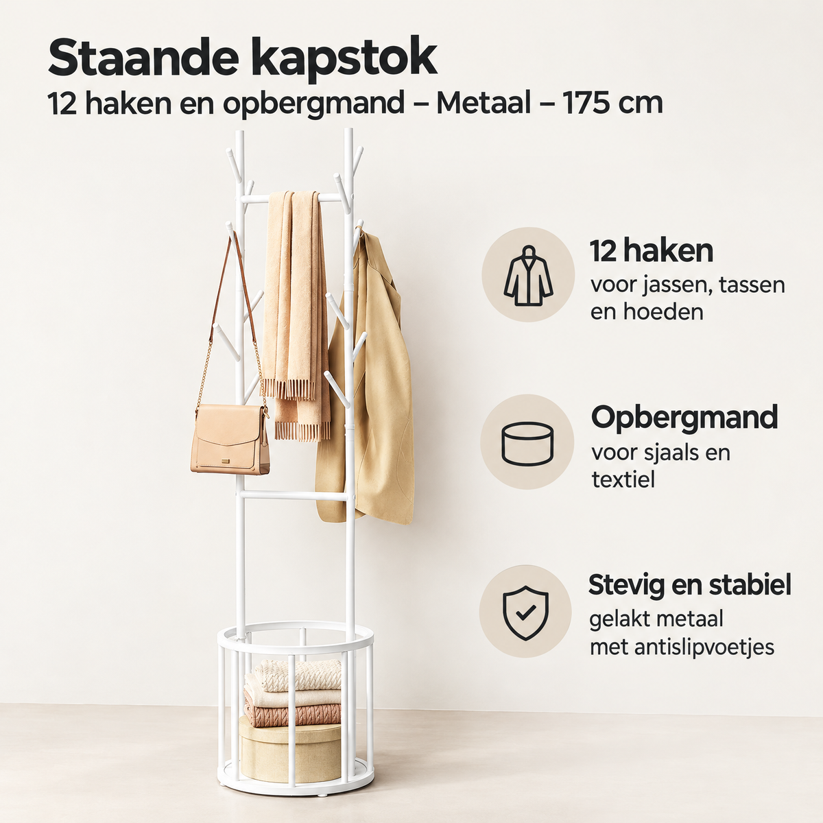 Houten staande kapstok van BukkitBow met 12 haken en opbergmand, 175 cm hoog, voor jassen en accessoires.