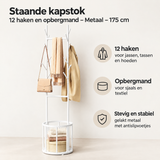Houten staande kapstok van BukkitBow met 12 haken en opbergmand, 175 cm hoog, voor jassen en accessoires.