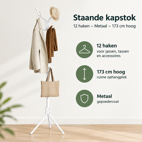 Staande kapstok van BukkitBow met 12 haken en metalen constructie, 173 cm hoog voor nette garderobe opbergruimte.