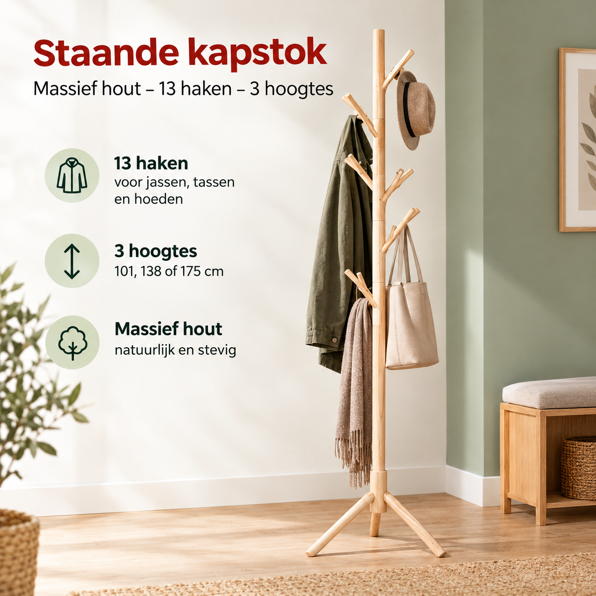 Staande kapstok van BukkitBow in massief hout met 13 haken en 3 hoogtes, ideaal voor praktische ruimteorganisatie.