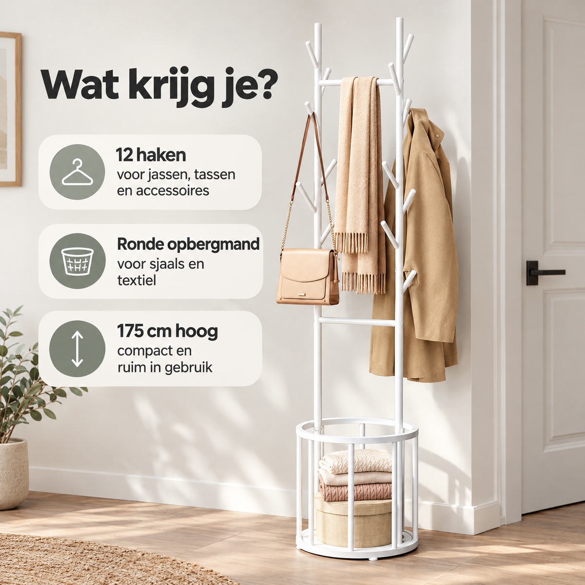 Staande kapstok van BukkitBow met 12 haken en opbergmand, 175 cm hoog, gemaakt van metaal, geschikt voor entree of hal.