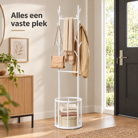 Stalen vrijstaande kapstok met 12 haken en opbergmand van BukkitBow, 175 cm hoog, geschikt voor hal of entree.
