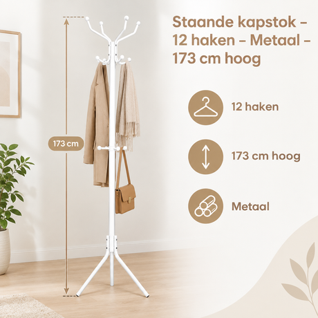 Staande metaal kapstok met 12 haken en een hoogte van 173 cm, ideaal voor jassen en accessoires.
