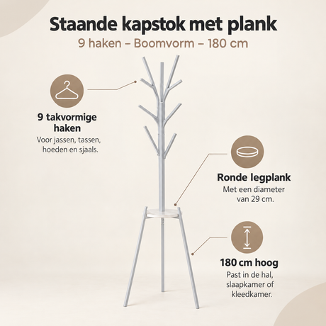 Overzicht van staande kapstok met plank met de belangrijkste productvoordelen
