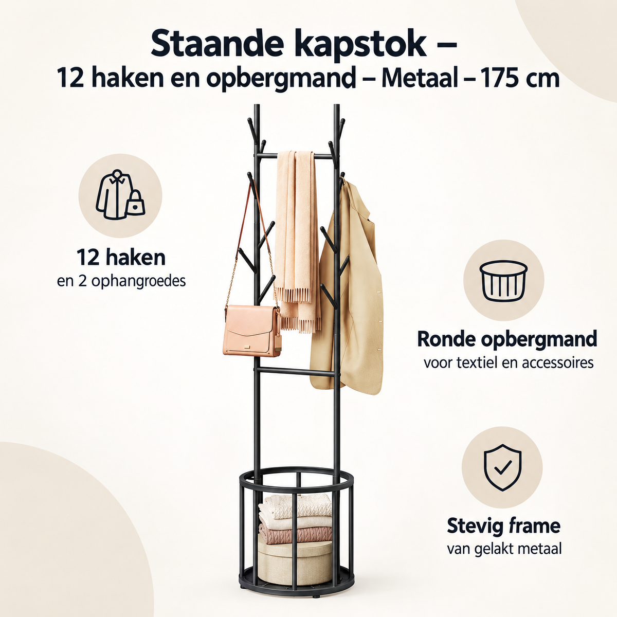 Staande kapstok van BukkitBow met 12 haken en opbergmand, 175 cm hoog, gemaakt van metaal, overzicht van kernvoordelen.