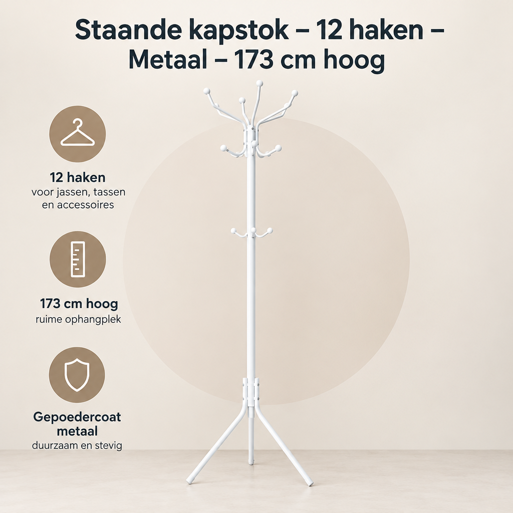Overzicht van staande kapstok met de belangrijkste productvoordelen
