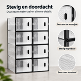 Detail van materiaal en afwerking van stapelbare schoenendozen