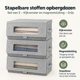 Set van 3 grijze stoffen opbergdozen van BukkitBow met kijkvenster en magneetsluiting, stapelbaar voor organisatie.