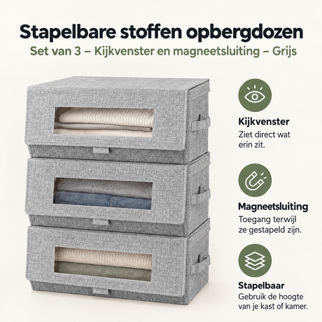 Set van 3 grijze stoffen opbergdozen van BukkitBow met kijkvenster en magneetsluiting, stapelbaar voor organisatie.