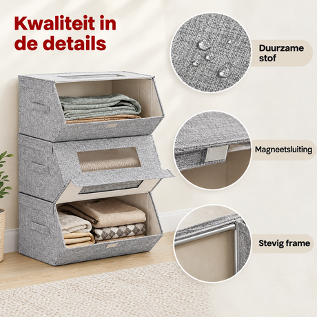 Set van 3 grijze stoffen opbergdozen van BukkitBow met kijkvenster en magneetsluiting, stapelbaar en veelzijdig voor organisatie