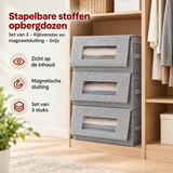 Set van 3 grijze stoffen opbergdozen van BukkitBow met kijkvenster, magneetsluiting en stapelbaar ontwerp voor praktische opslag.