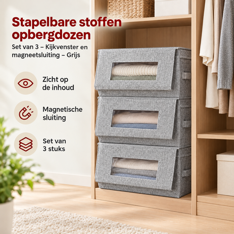 Set van 3 grijze stoffen opbergdozen van BukkitBow met kijkvenster, magneetsluiting en stapelbaar ontwerp voor praktische opslag.