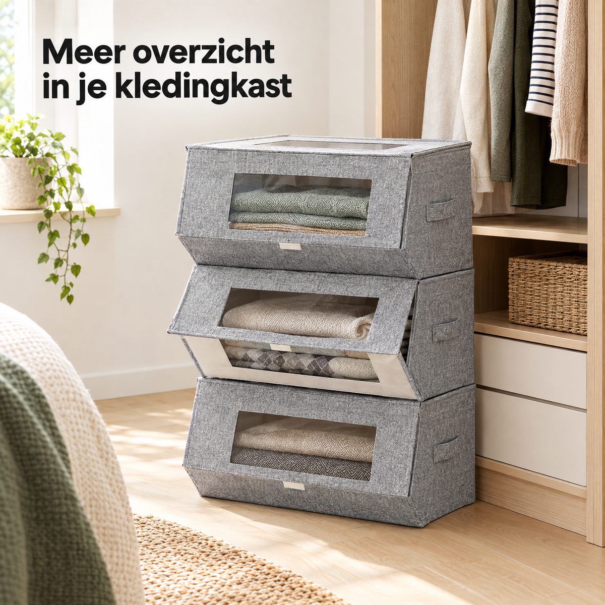 Set van 3 grijze opbergdozen van stoffen met kijkvenster en magneetsluiting, geschikt voor organiseren en opbergen.
