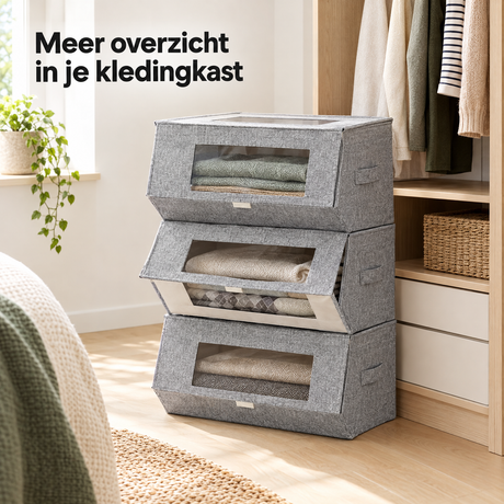 Set van 3 grijze opbergdozen van stoffen met kijkvenster en magneetsluiting, geschikt voor organiseren en opbergen.