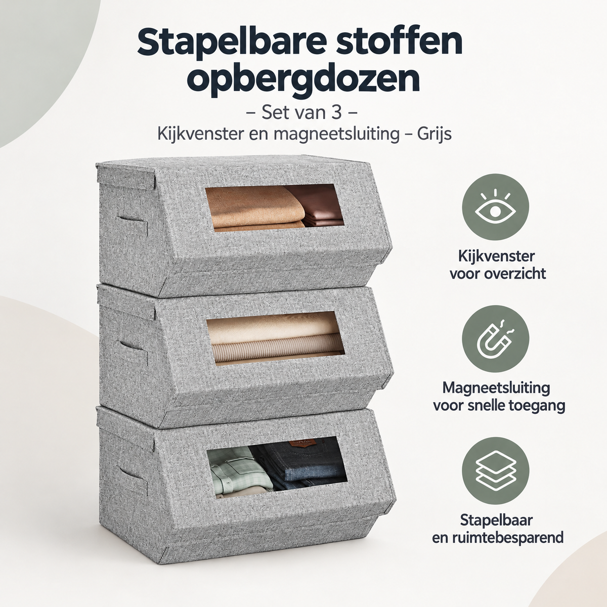 Set van 3 grijze stapelbare stoffen opbergdozen met kijkvenster en magneetsluiting van BukkitBow, ideaal voor organisatie.