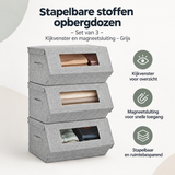 Set van 3 grijze stapelbare stoffen opbergdozen met kijkvenster en magneetsluiting van BukkitBow, ideaal voor organisatie.