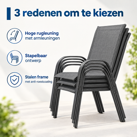 Stapelbare tuinstoelen van BukkitBow met hoge rugleuning en armleuningen, set van 2 of 4, geschikt voor buitengebruik.