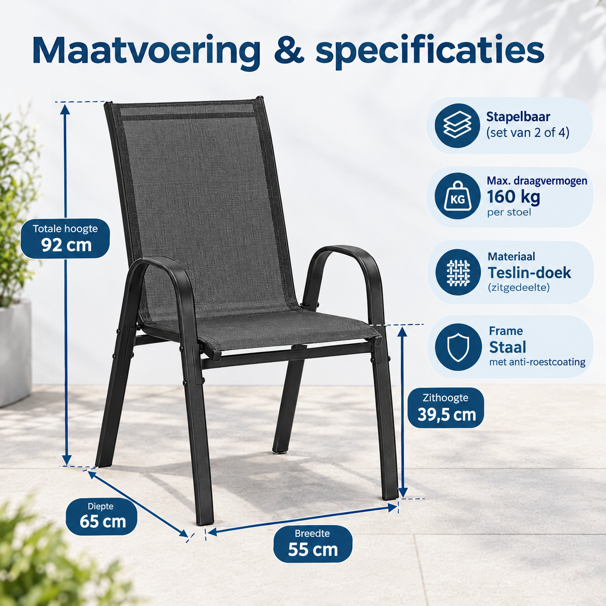 Stapelbare tuinstoelen van BukkitBow met hoge rugleuning en armleuningen, set van 2 of 4, geschikt voor buitengebruik.