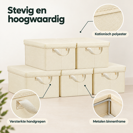 Detail van materiaal en afwerking van stoffen opbergboxen met deksel