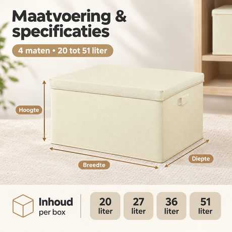 Afmetingen en productspecificaties van stoffen opbergboxen met deksel