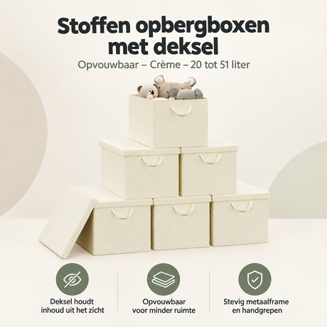 Overzicht van stoffen opbergboxen met deksel met de belangrijkste productvoordelen
