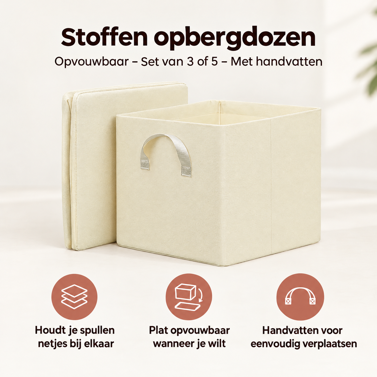 Set van 3 of 5 opvouwbare stoffen opbergdozen met handvatten van BukkitBow, ideaal voor organisatie en opslag.