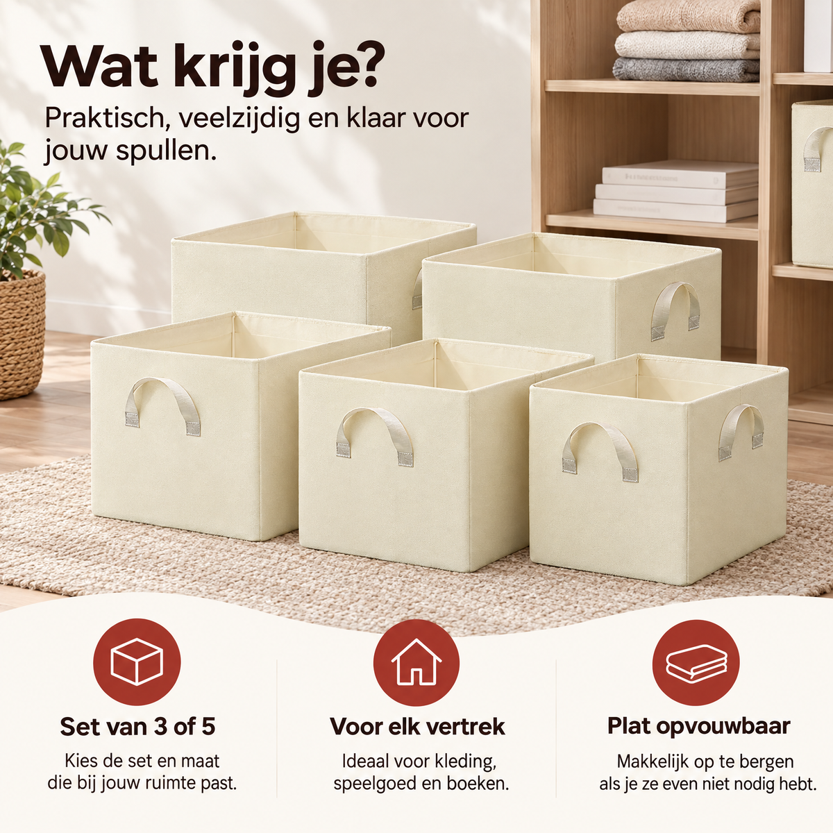 Set van 3 of 5 opvouwbare stoffen opbergdozen van BukkitBow met handvatten, ideaal voor praktische opslag en organisatie.