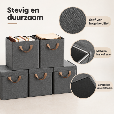 Detail van materiaal en afwerking van stoffen opbergdozen met deksel