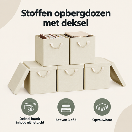 Overzicht van stoffen opbergdozen met deksel met de belangrijkste productvoordelen