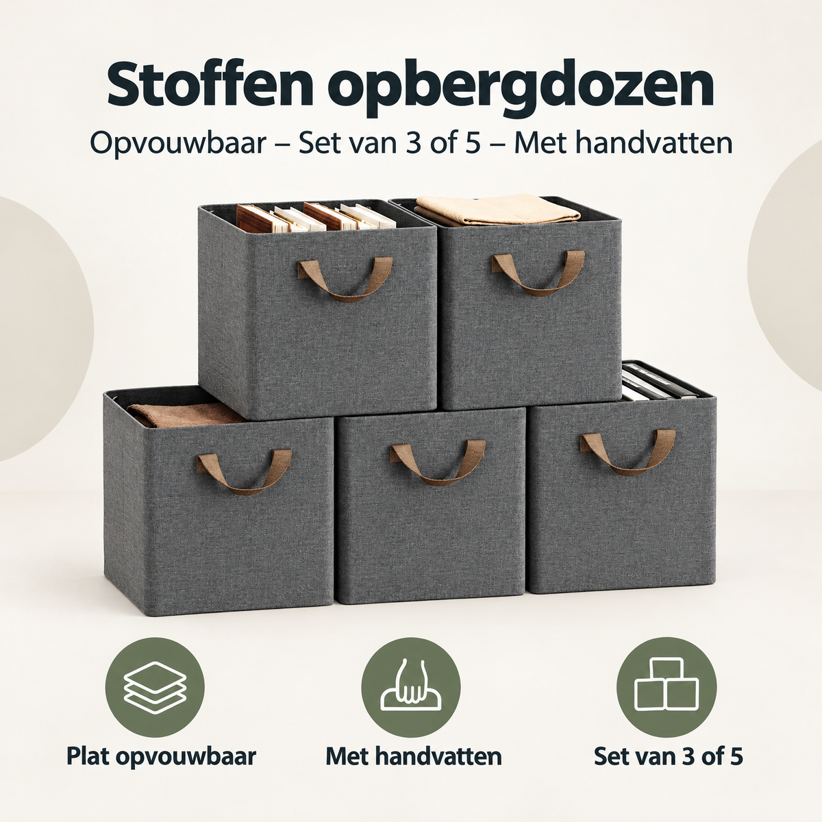 Set van 3 of 5 opvouwbare stoffen opbergdozen met handvatten van BukkitBow, geschikt voor netjes opbergen en organisatie.