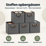 Set van 3 of 5 opvouwbare stoffen opbergdozen met handvatten van BukkitBow, geschikt voor netjes opbergen en organisatie.