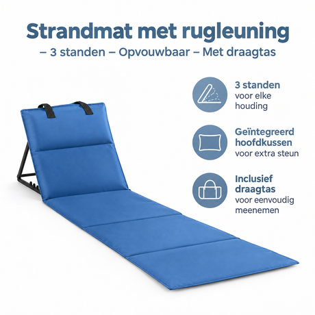 BukkitBow strandmat met rugleuning, 3 standen, opvouwbaar en inclusief draagtas voor comfortabel ontspannen op het strand