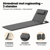 BukkitBow strandmat met rugleuning, 3 standen, gevoerd met hoofdkussen en opvouwbaar voor comfortabel relaxen.