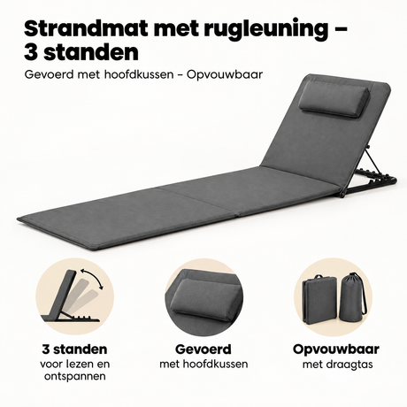 BukkitBow strandmat met rugleuning, 3 standen, gevoerd met hoofdkussen en opvouwbaar voor comfortabel relaxen.