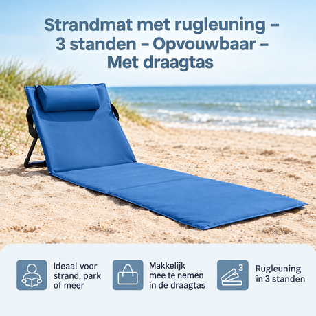 BukkitBow strandmat met rugleuning in 3 standen, opvouwbaar en inclusief draagtas, ideaal voor comfortabel strandgebruik
