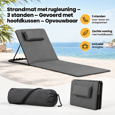BukkitBow strandmat met rugleuning in drie standen, gevoerd met hoofdkussen, opvouwbaar en comfortabel voor op het strand