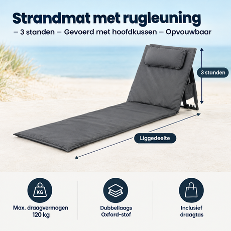 Onafhankelijke strandmat met rugleuning, gevoerd met hoofdkussen, opvouwbaar en in 3 standen, van BukkitBow.
