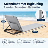 Opvouwbare BukkitBow strandmat met rugleuning in drie standen en draagtas, geschikt voor comfortabel loungen op het strand