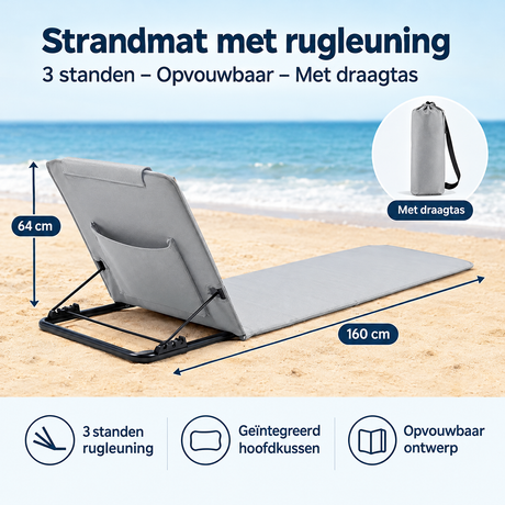 Opvouwbare BukkitBow strandmat met rugleuning in drie standen en draagtas, geschikt voor comfortabel loungen op het strand