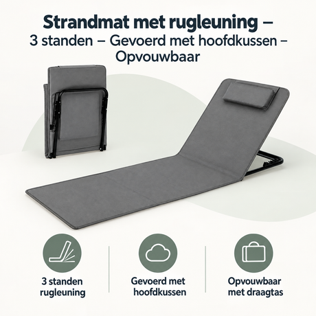 BukkitBow strandmat met rugleuning, 3 standen, gevoerd met hoofdkussen, opvouwbaar en comfortabel voor op het strand