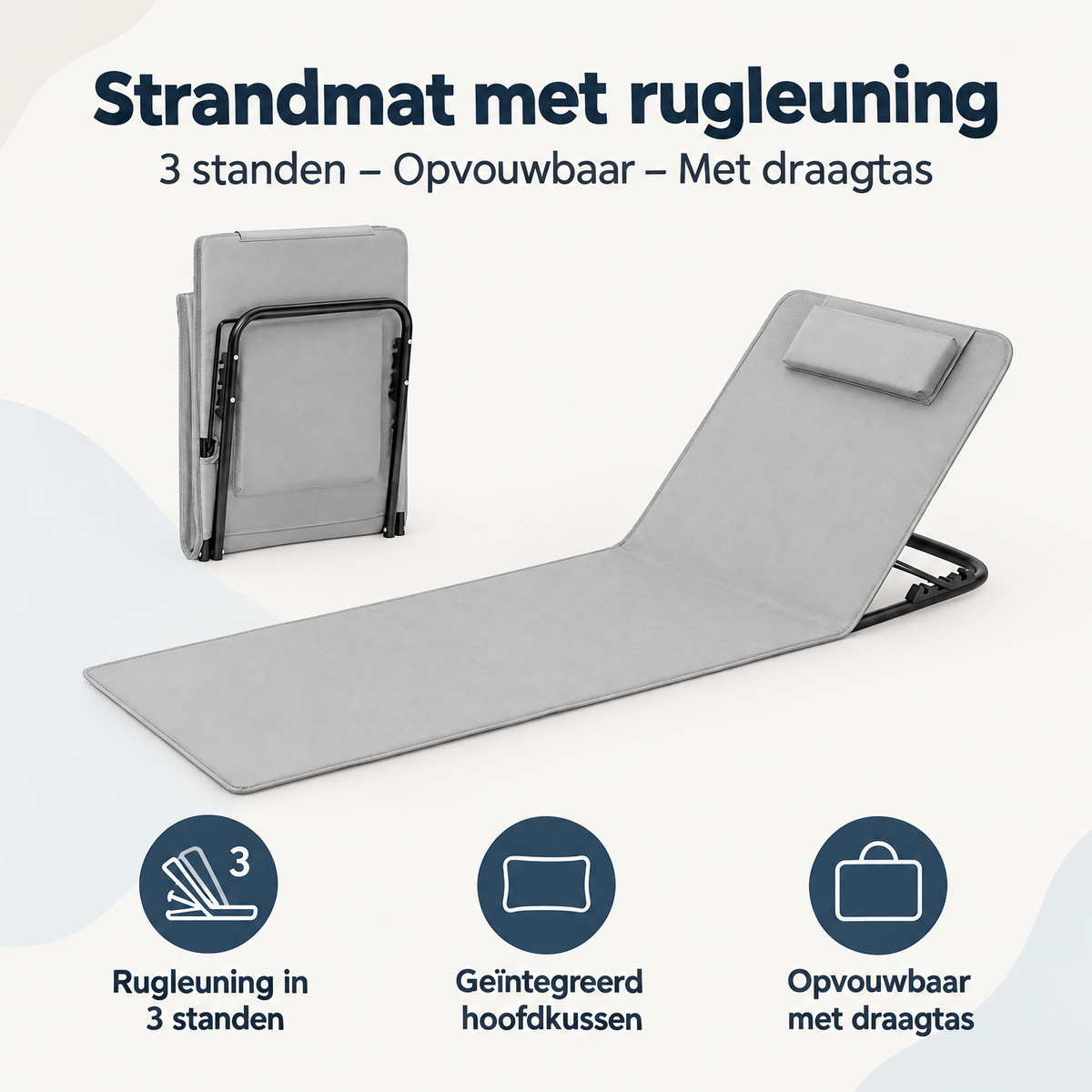 BukkitBow strandmat met rugleuning, 3 standen, opvouwbaar en inclusief draagtas voor comfortabel ontspannen op het strand.