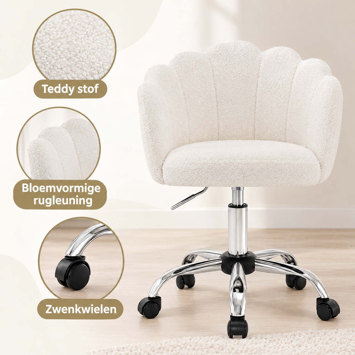 Detail van materiaal en afwerking van teddy bureaustoel