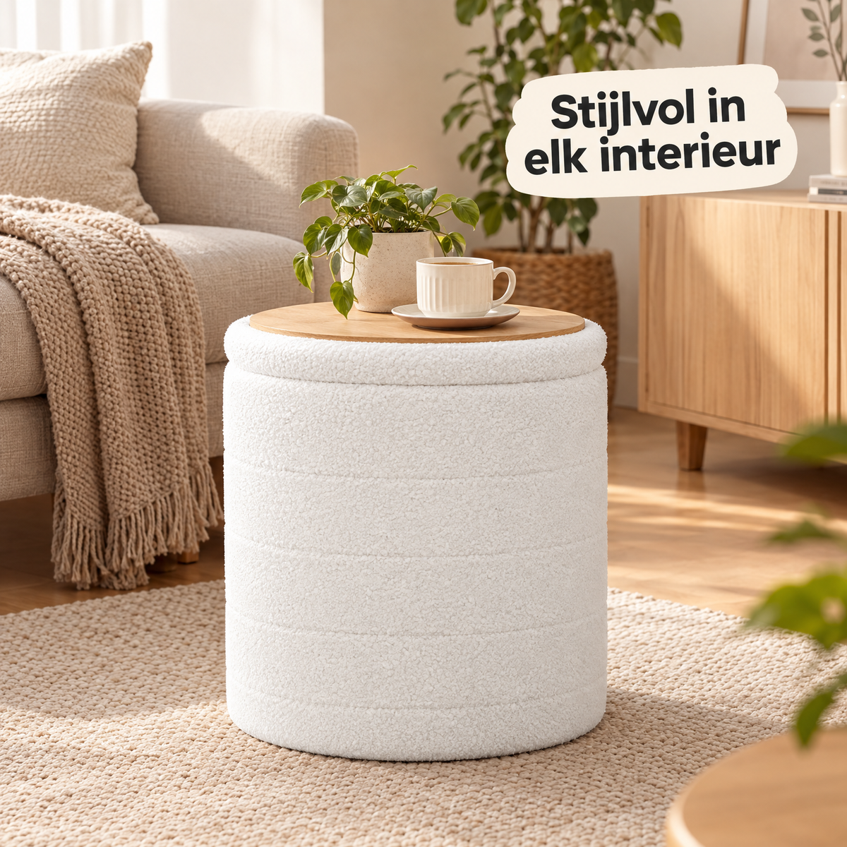 Witte opbergpoef van BukkitBow met teddy-ontwerp, opvouwbaar en omkeerbaar deksel voor extra opbergruimte.
