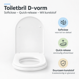 Witte D-vorm toiletbril van BukkitBow met softclose en quick-release functie, gemaakt van kunststof, voor comfortabel gebruik.
