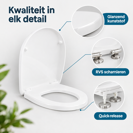 Witte toiletbril D-vorm van BukkitBow met softclose en quick-release, gemaakt van kunststof, zichtbaar in close-up detail