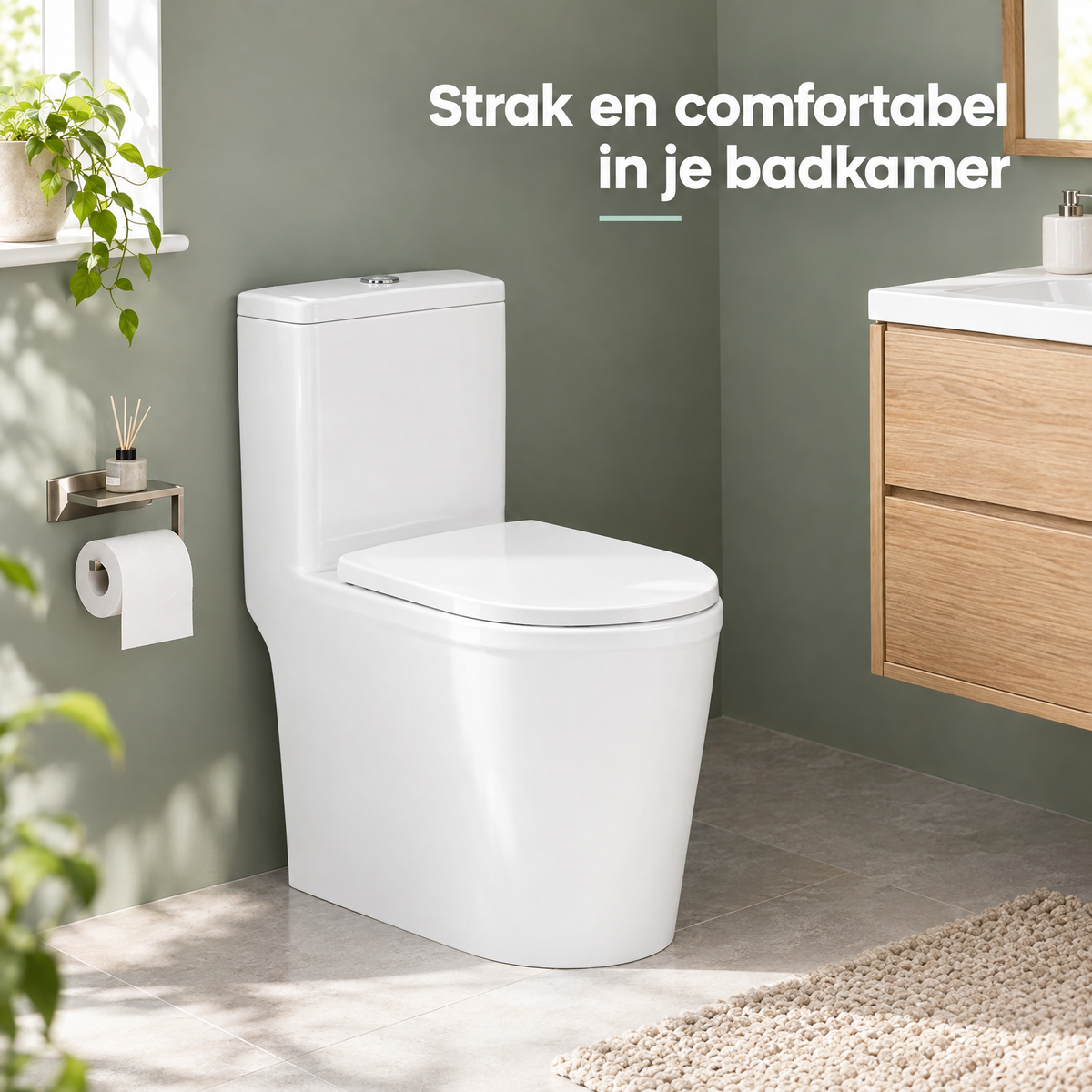 Witte D-vorm toiletbril van kunststof met softclose en quick-release van BukkitBow, zichtbaar in gebruik.