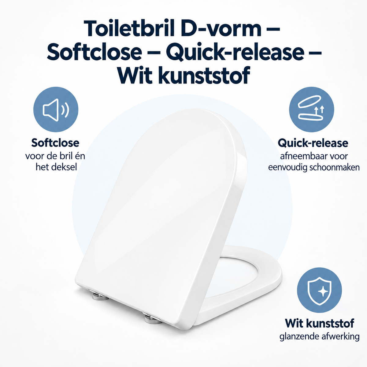 Witte D-vorm toiletbril van BukkitBow met softclose en quick-release functie, gemaakt van kunststof, overzicht van voordelen.