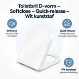 Witte D-vorm toiletbril van BukkitBow met softclose en quick-release functie, gemaakt van kunststof, overzicht van voordelen.
