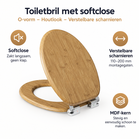 Toiletbril met softclose van BukkitBow, O-vorm, houtlook en verstelbare scharnieren, voor comfortabel gebruik en stijlvolle uitstraling.