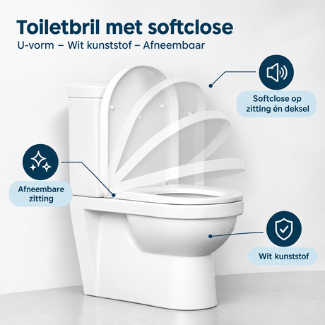 Witte kunststof toiletbril met softclose, U-vorm en afneembare zitting, geschikt voor comfortabel en stil sluiten